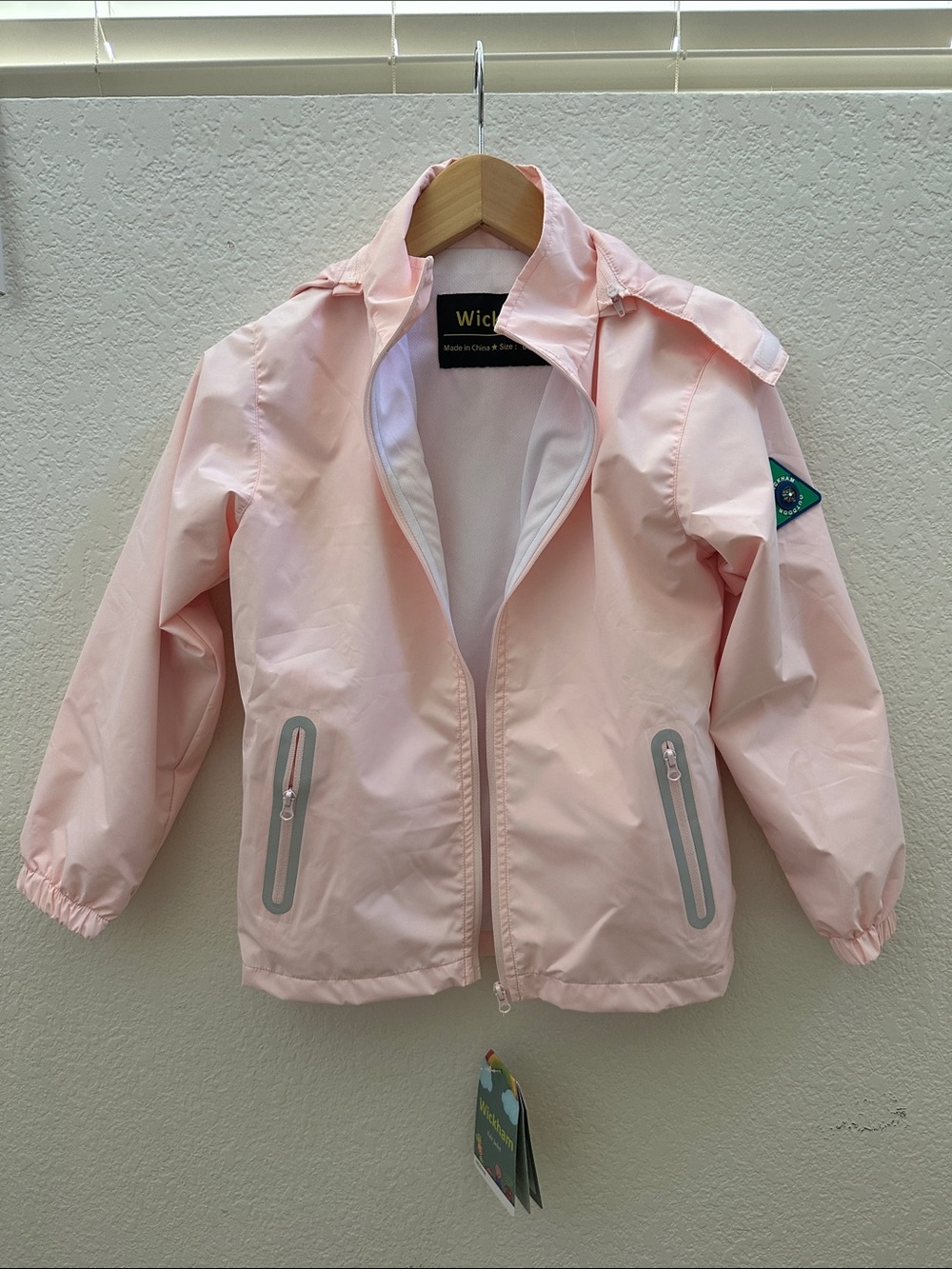 Kids' Light Pink Waterproof Rain Jacket with Reflective Trim